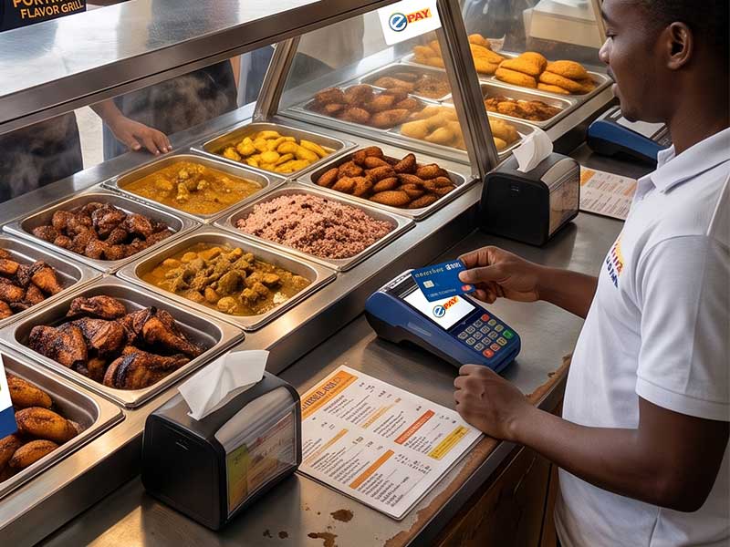 Customer paying with an ePAY card at a cook shop hot food counter