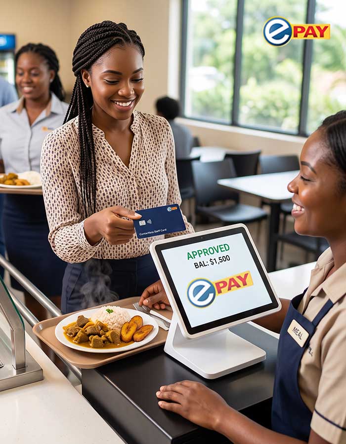 Employee paying for a hot meal at an in-house canteen with a contactless ePAY staff card
