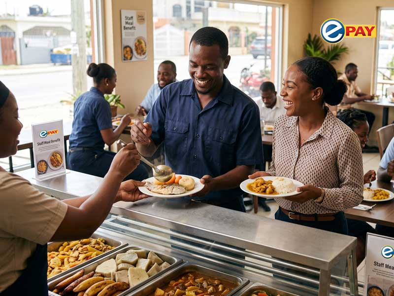 Staff enjoying a hot meal together in a workplace canteen